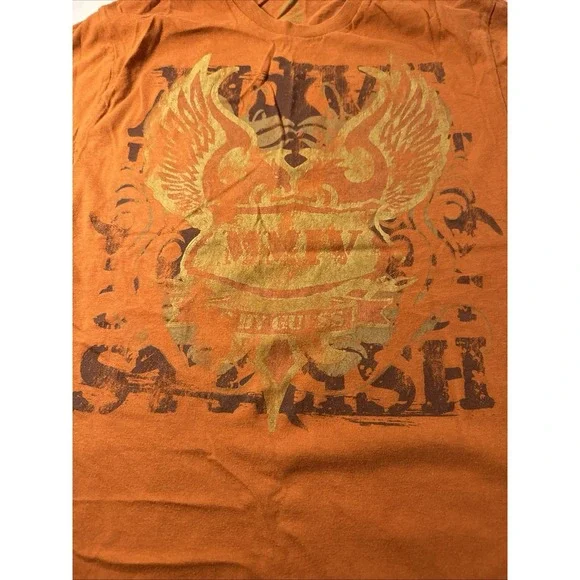 GUESS Mens T-Shirt Short Sleeve Round Neck L Orange Distressed Acid Wash Graphic - Picture 8 of 9